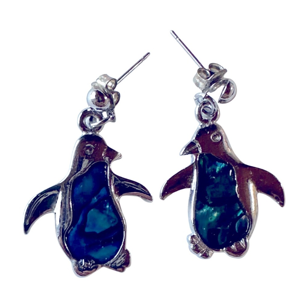 Vintage Penguin Dangle Earrings – Silver Blue Green Abalone Shell Look
